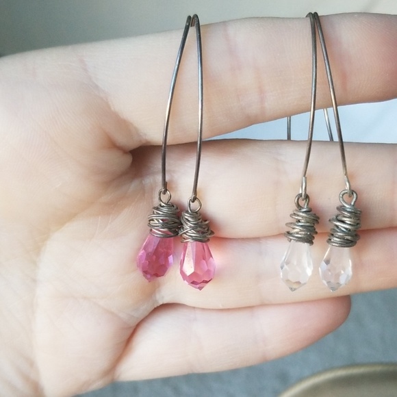 Handmade Crystal Drop Earrings - Pink or Clear in Silver - Picture 5 of 6